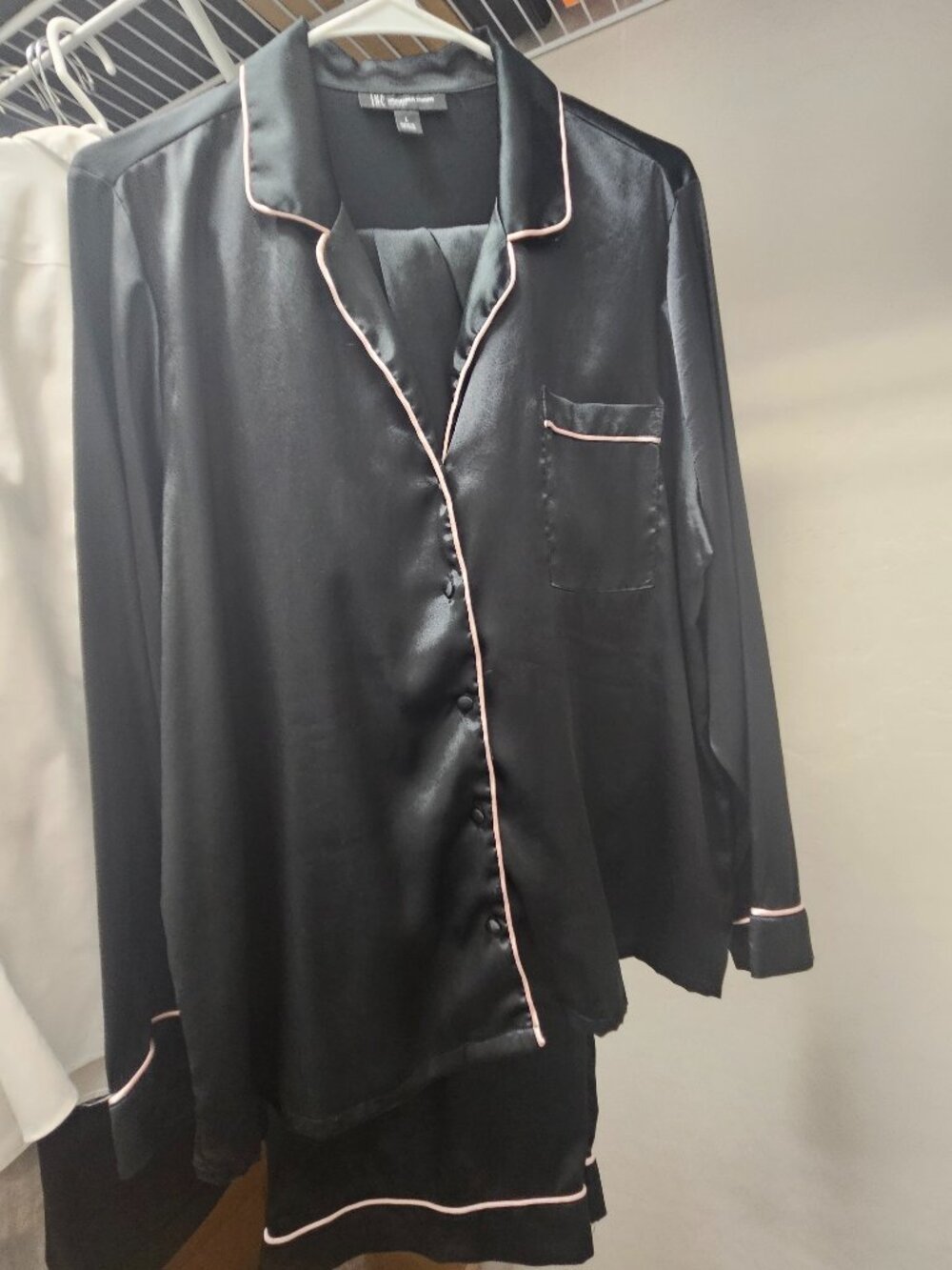 INC Silky Pajama Set Top & Bottom + Robe, Sleep Mask - Black / Pink - Size L